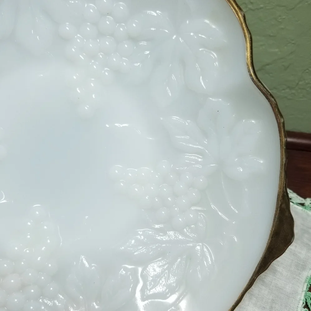Vintage Anchor Hocking Milk Glass Grape Bowl Gold Trim Pedestal